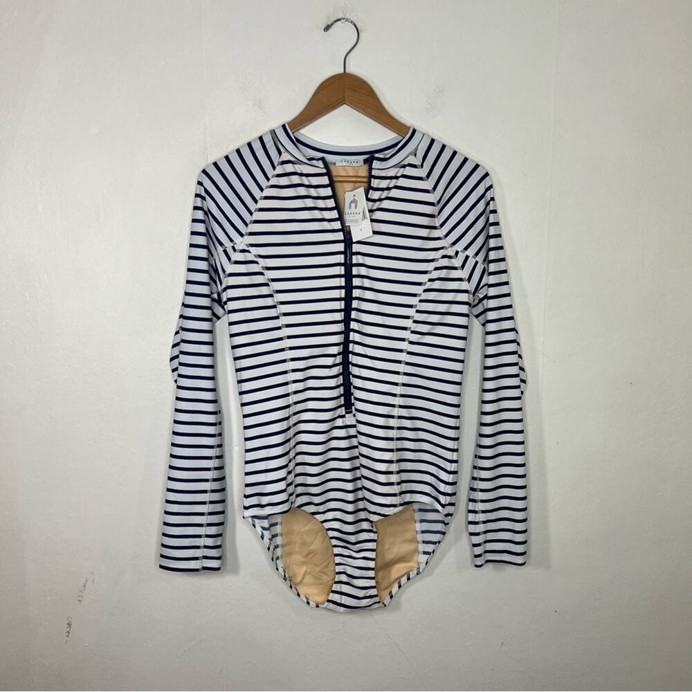 Cabana Life Navy striped zipup Unisuit 50+UPF Size Large NWT